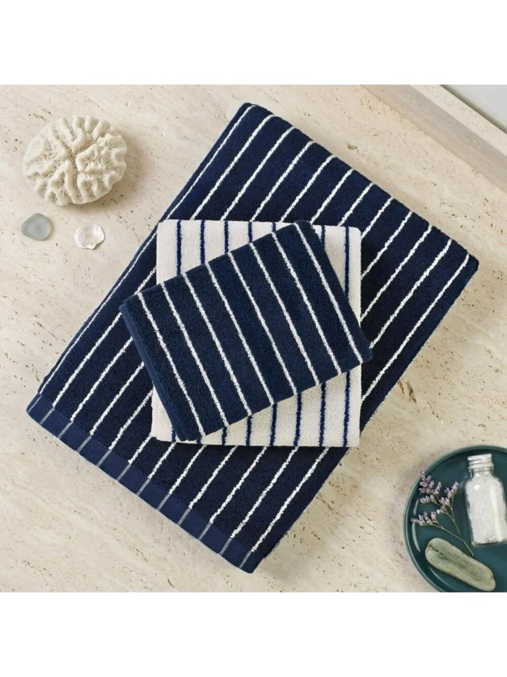 8-Piece Cotton Striped Towel Set in Navy Blue & Ivory - Soft, Absorbent Bath